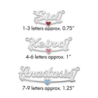 Three silver name pendants with heart charms in varying sizes, labeled by letter count and approximate dimensions.