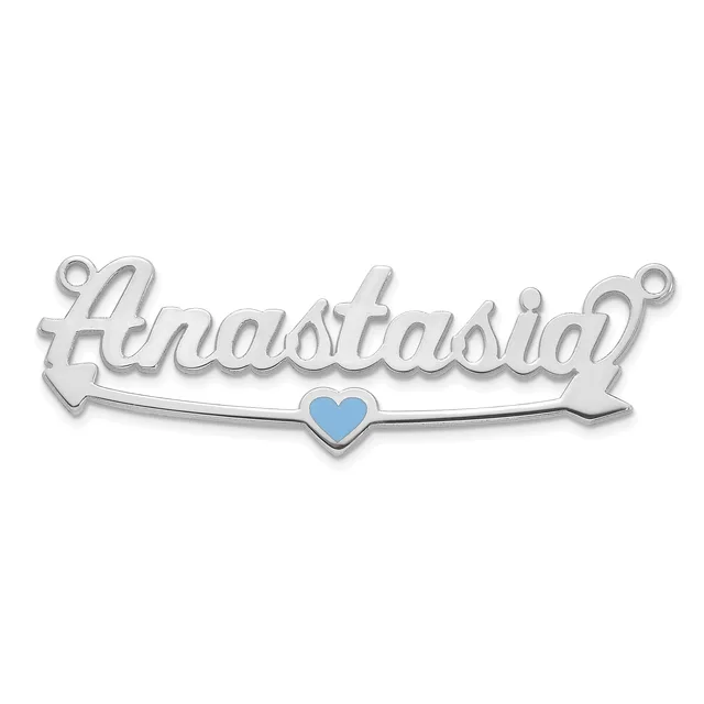 Silver pendant with script lettering and a small blue heart charm hanging from a horizontal bar, shown against a white background.