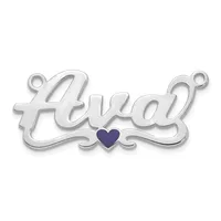 Silver pendant charm with the word "Ava" in flowing script lettering, featuring a small dark blue heart at the center, with loop attachments at each end.