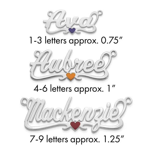 Three silver pendant charms with script lettering and small hearts, labeled by letter count and approximate size from 0.75 to 1.25 inches.