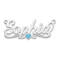 Silver-toned nameplate pendant spelling "Sophia" in decorative script with a small blue heart charm at the center and loops for attachment at both ends.