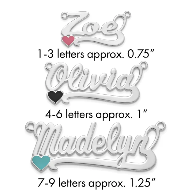Three silver nameplate charms with colored heart accents, labeled by letter count and approximate size from 0.75 to 1.25 inches.
