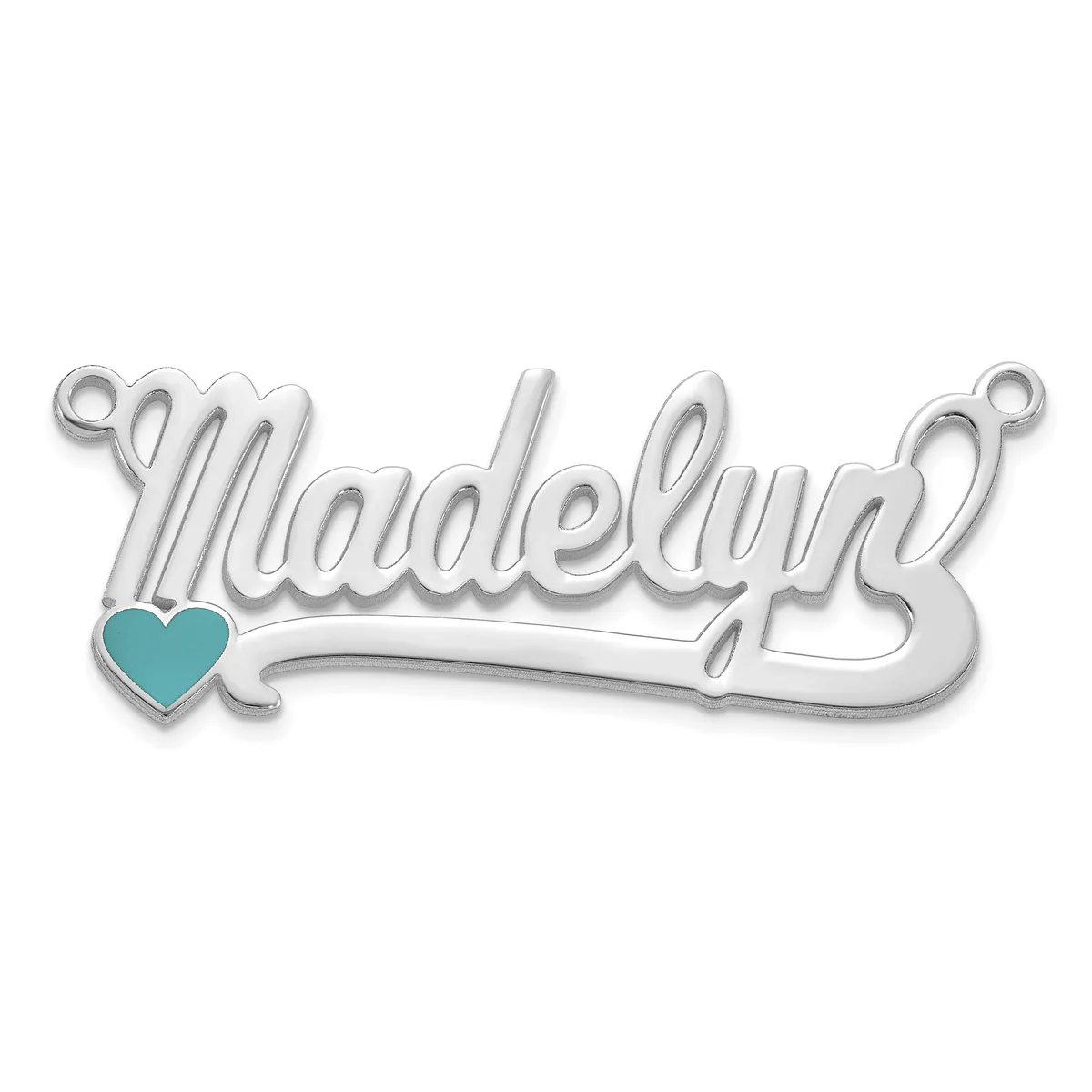 Silver pendant charm with cursive text reading "Madelyn" and a small turquoise heart accent on the left side, with loops at both ends for attachment.