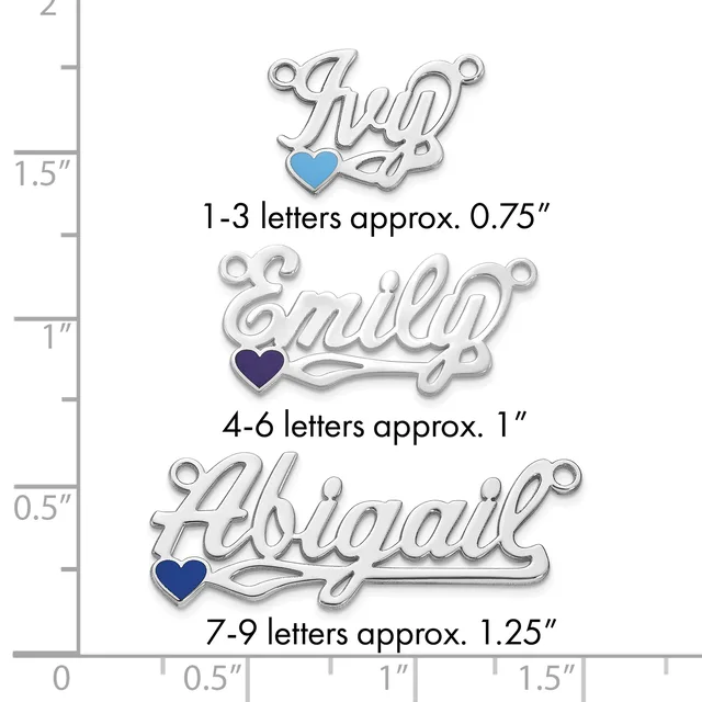 Three silver name charms with hearts in varying sizes are displayed against a ruler showing dimensions from 0 to 2 inches.