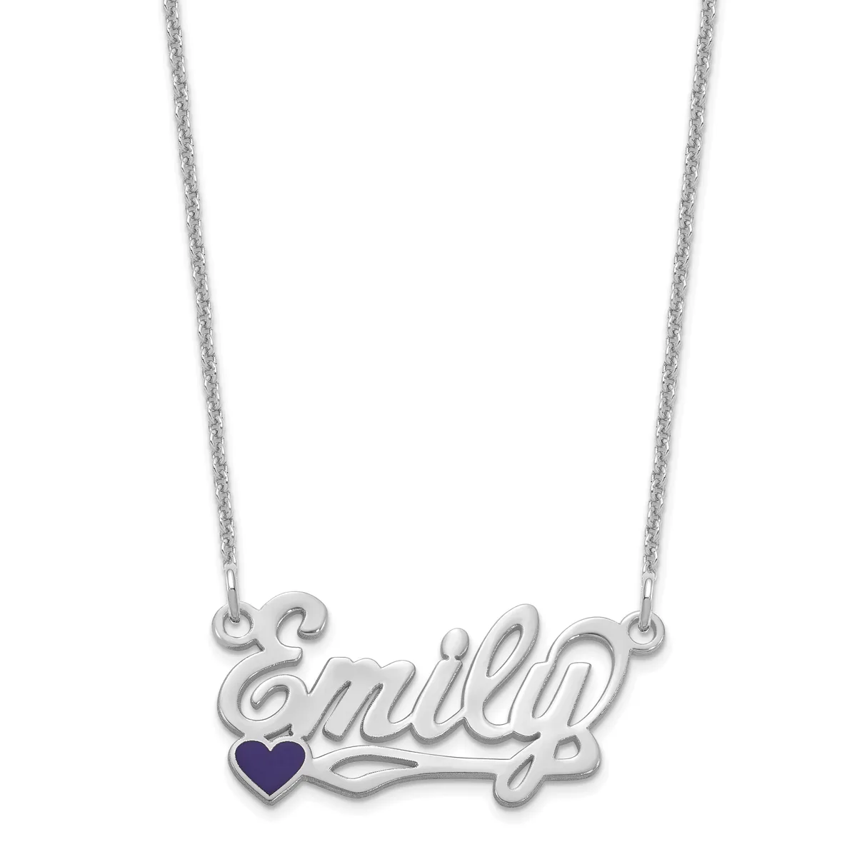 Silver nameplate necklace spelling "Emily" in cursive script with a small dark blue heart accent, suspended from a delicate chain.