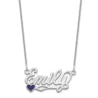 Silver nameplate necklace spelling "Emily" in cursive script with a small dark blue heart accent, suspended from a delicate chain.