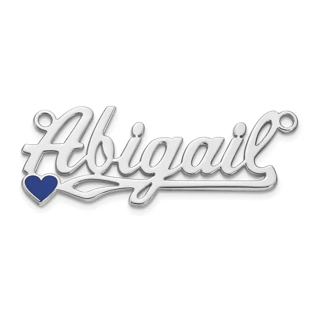 Silver charm pendant with the word "Abigail" in script lettering and a small dark blue heart, shown against a white background.