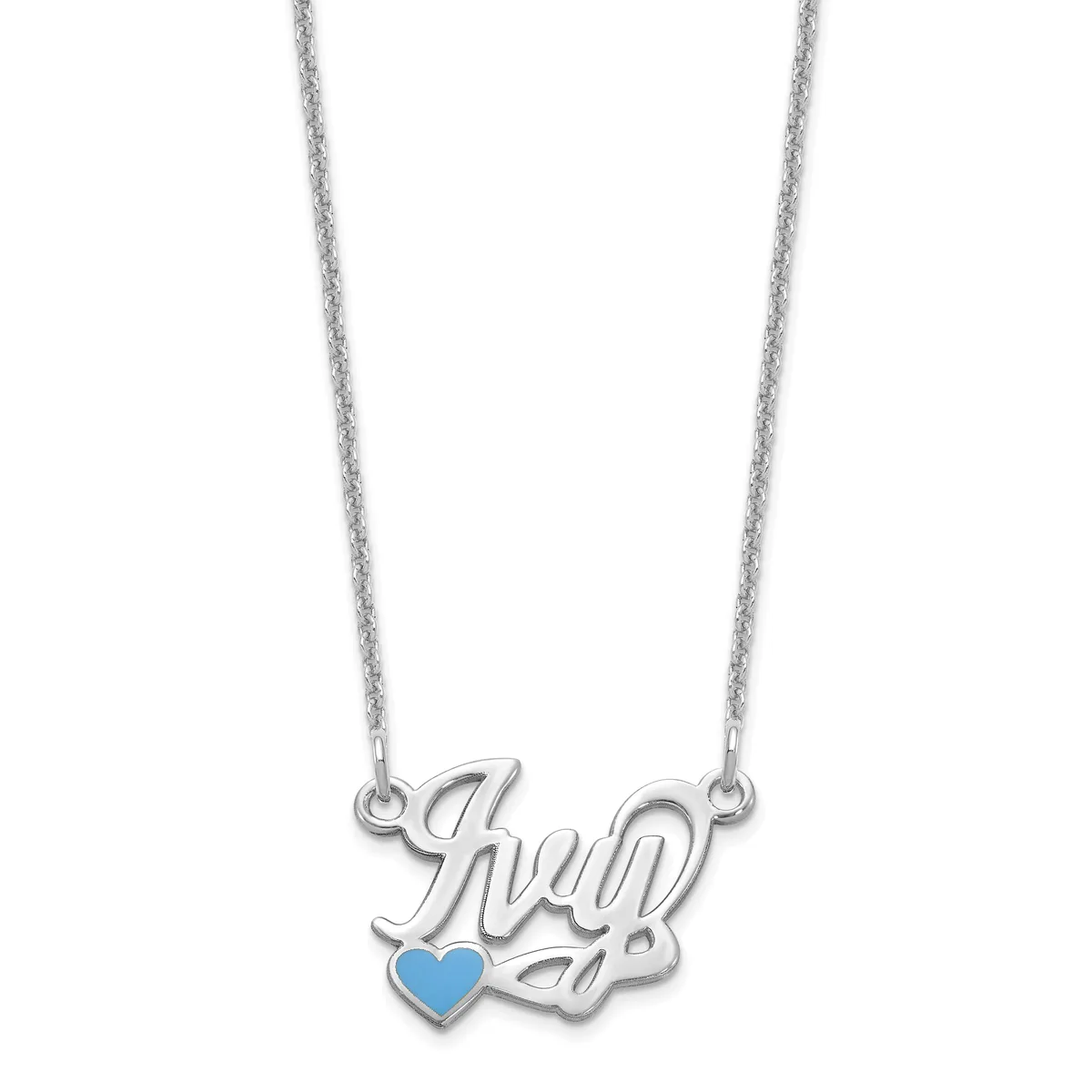 Silver necklace with a script nameplate pendant featuring a small blue heart accent, suspended from a delicate chain.