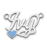 Silver-toned charm with script lettering and a small blue heart, featuring small loops at top for attachment.