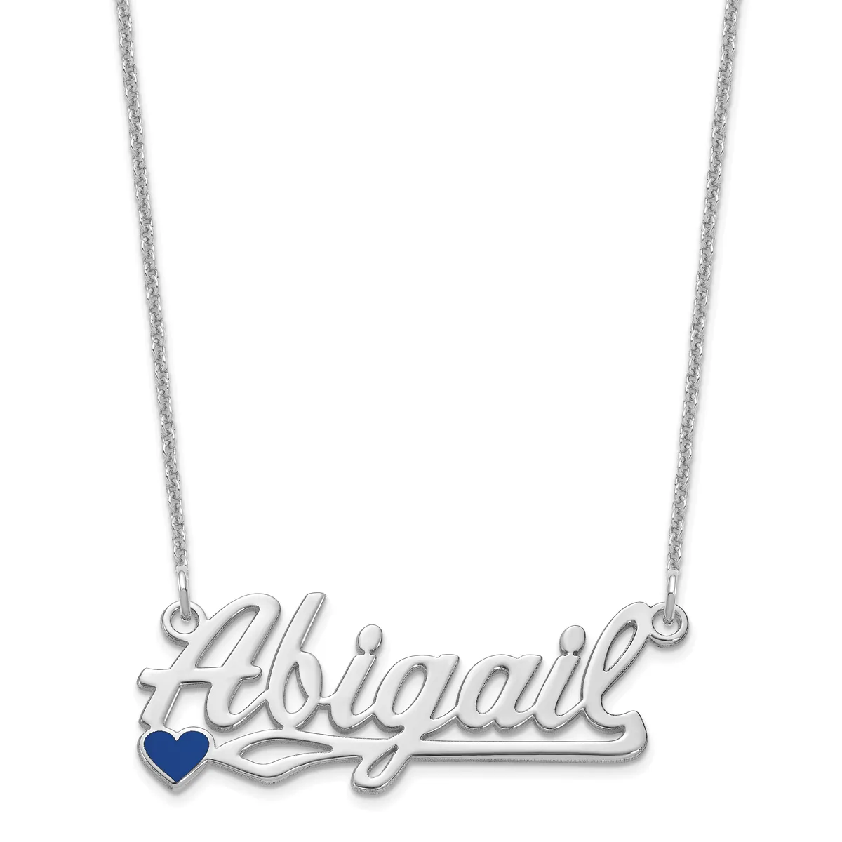 Silver nameplate necklace spelling "Hawaii" with a small dark blue heart beneath the text, suspended from a thin silver chain.