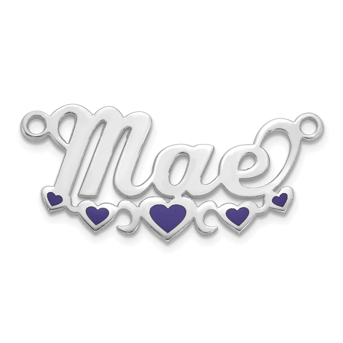 Silver pendant charm with the word "love" in script lettering, decorated with five dark purple enameled hearts along the bottom and small loops at each end for attachment.