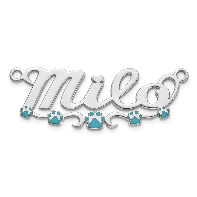 Silver pendant with script lettering and turquoise paw prints along the bottom, with loops at each end for attachment.