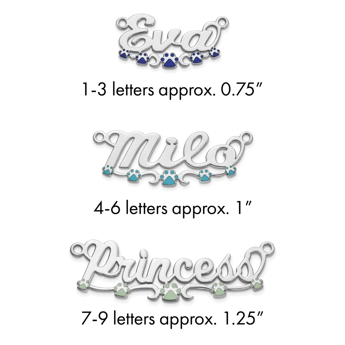 Three silver name pendants with gemstone accents shown in increasing sizes, labeled by letter count and approximate width measurements.
