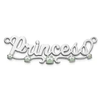 Silver decorative nameplate connector pendant with the word "Princess" in script lettering and five small green stone accents along the bottom, with two loops at each end.