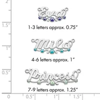 Three silver pendants with script lettering and gemstones are shown next to a ruler displaying their sizes: Eva with blue stones at 0.75 inches, Mila with turquoise stones at 1 inch, and Princess with green stones at 1.25 inches.
