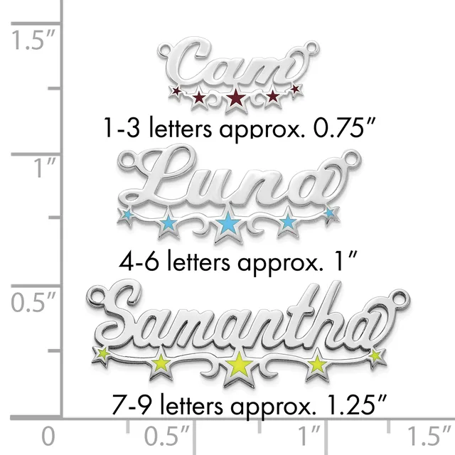Three silver name charms of increasing sizes with decorative stars, displayed next to a ruler showing dimensions from 0 to 1.5 inches.