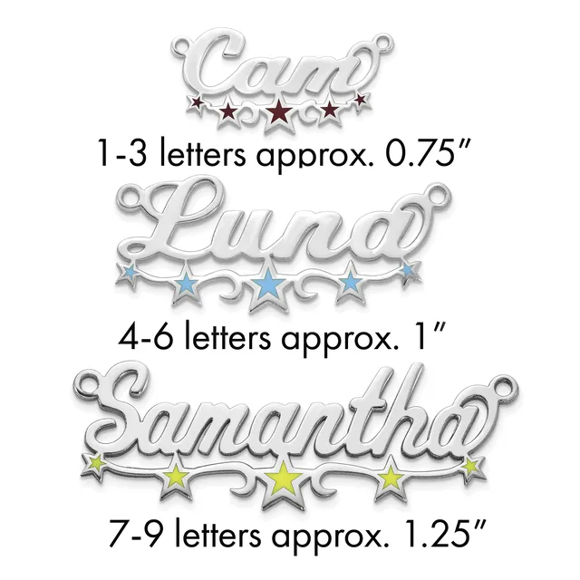 Three silver name charm pendants with decorative stars in different sizes, labeled by letter count and approximate dimensions.