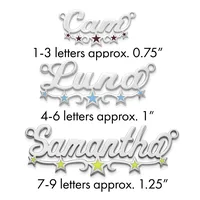 Three silver name charm pendants with decorative stars in different sizes, labeled by letter count and approximate dimensions.