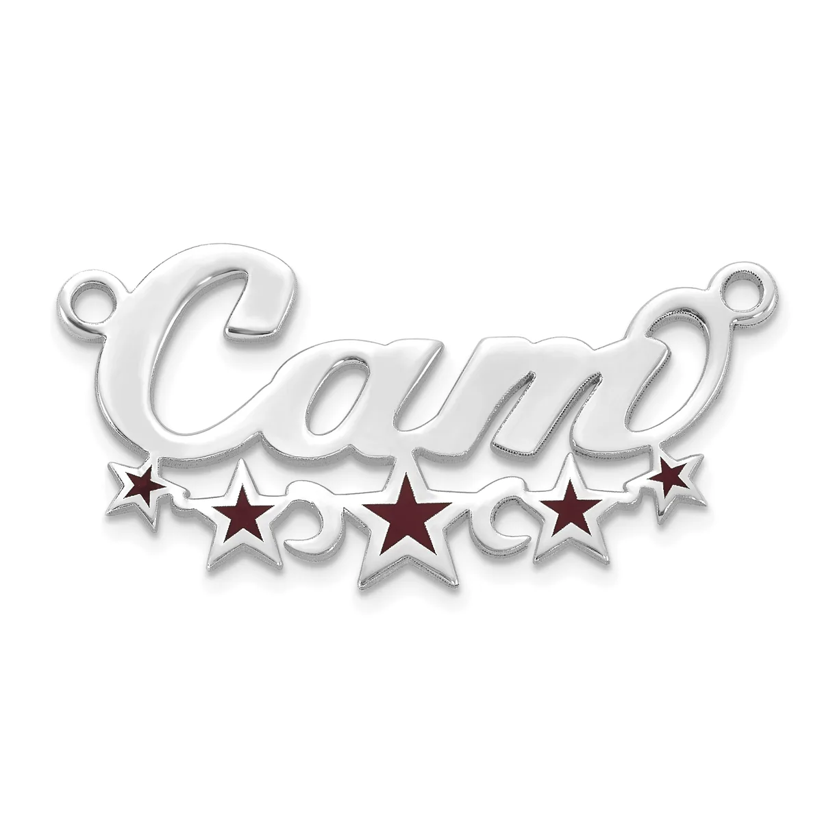 Silver-toned metal charm with the word "Cami" in cursive script, decorated with five burgundy stars below and two loops at the top for attaching to a chain.