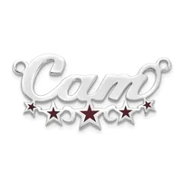 Silver-toned metal charm with the word "Cami" in cursive script, decorated with five burgundy stars below and two loops at the top for attaching to a chain.