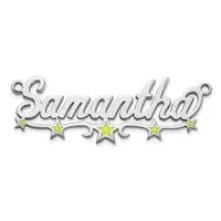 Silver-toned pendant with script text reading "Samanthaed" surrounded by four yellow stars and two loops at the top for attachment.