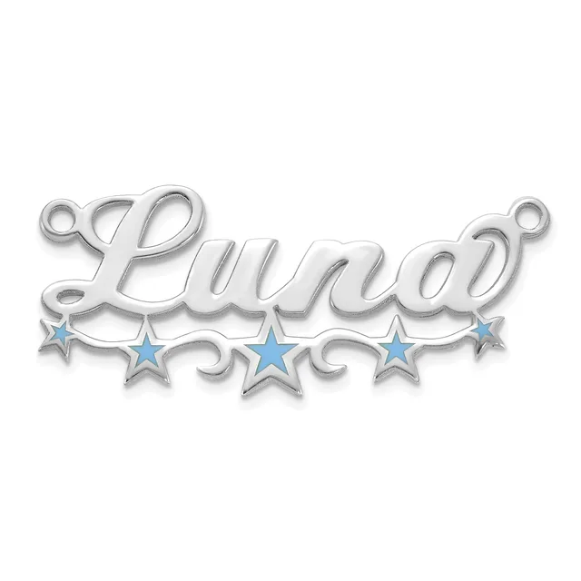 Silver-toned decorative pendant with the name "Lunaa" in cursive script, featuring four blue star charms suspended below and small loops at either end for attachment.