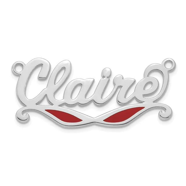Silver-toned metal pendant with script lettering, decorative scrollwork at sides, and red enamel inlay forming a curved design beneath the text.