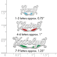 Three silver name pendants with colored enamel accents shown at actual size: "Alma" with blue detail, "Claire" with red detail, and "Katelyn" with green detail, ranging from 0.75 to 1.25 inches wide.