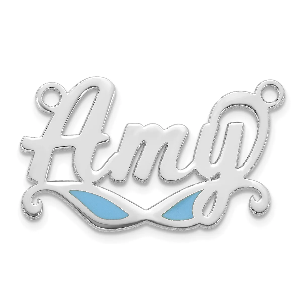 Silver charm pendant with the word "Amy" in script lettering and decorative blue enamel eye shapes beneath, featuring small loops at top corners for attachment.