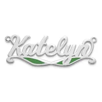 Silver-toned metal nameplate pendant with decorative scrollwork at the ends and green enamel leaf accents, displayed against a white background.