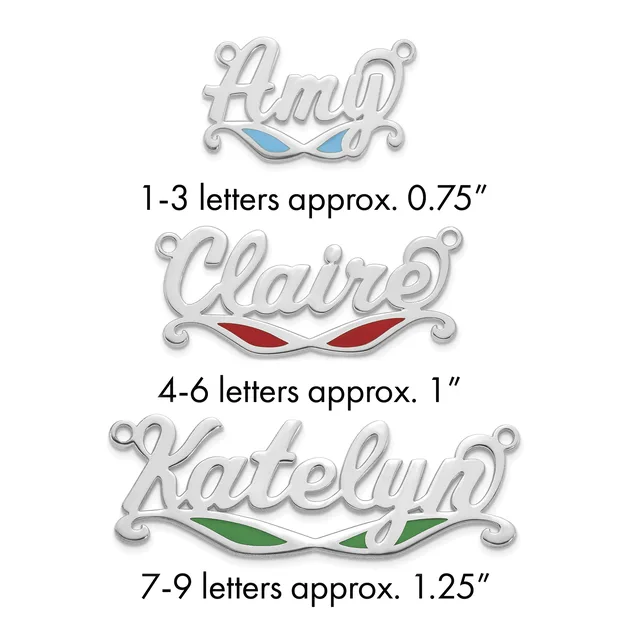 Three silver name pendants with colored enamel accents shown with their approximate sizes: 1-3 letters at 0.75 inches, 4-6 letters at 1 inch, and 7-9 letters at 1.25 inches.
