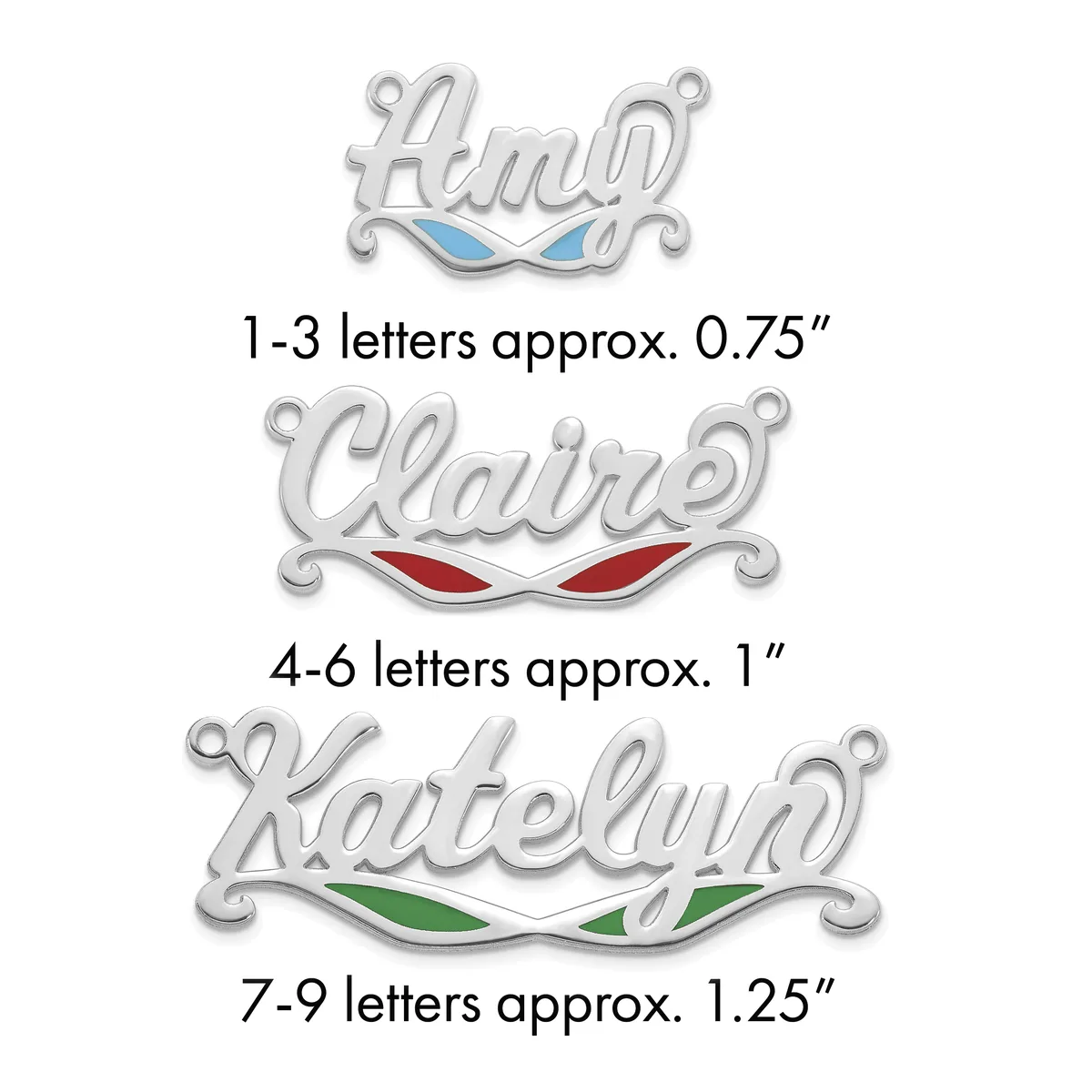 Three silver name pendants with colored enamel accents shown with their approximate sizes: 1-3 letters at 0.75 inches, 4-6 letters at 1 inch, and 7-9 letters at 1.25 inches.