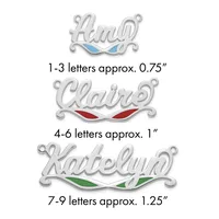 Three silver name pendants with colored enamel accents shown with their approximate sizes: 1-3 letters at 0.75 inches, 4-6 letters at 1 inch, and 7-9 letters at 1.25 inches.