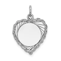 Silver heart-shaped pendant with ornate filigree frame, open center, and a loop bail at the top.