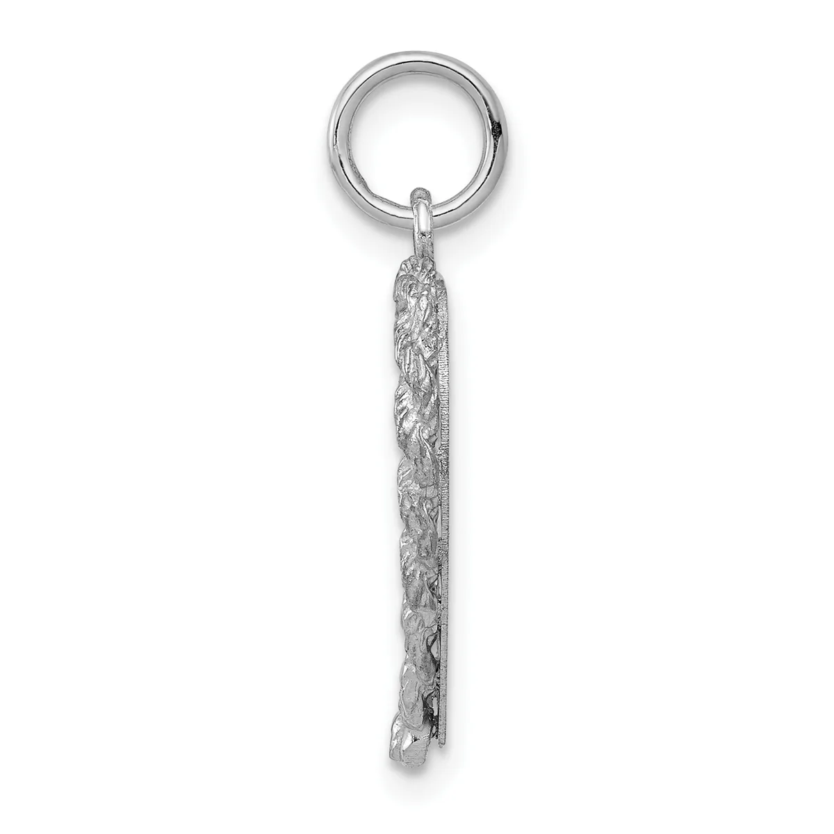 A silver keychain with a textured cylindrical pendant hanging from a split ring, shown against a white background.