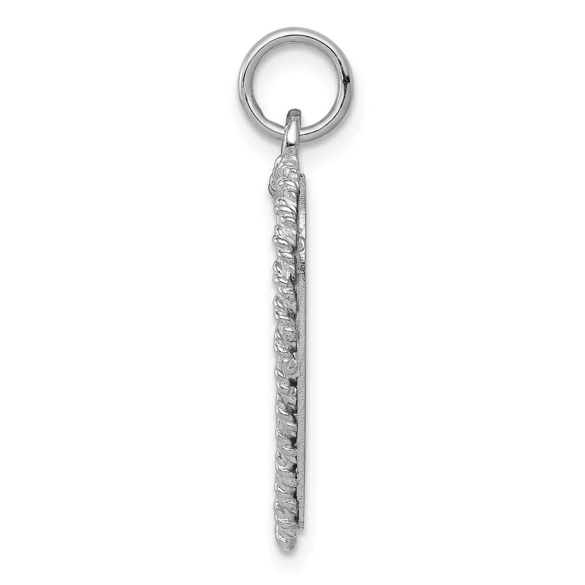 Silver keychain pendant with twisted rope texture and a split ring attachment at the top.