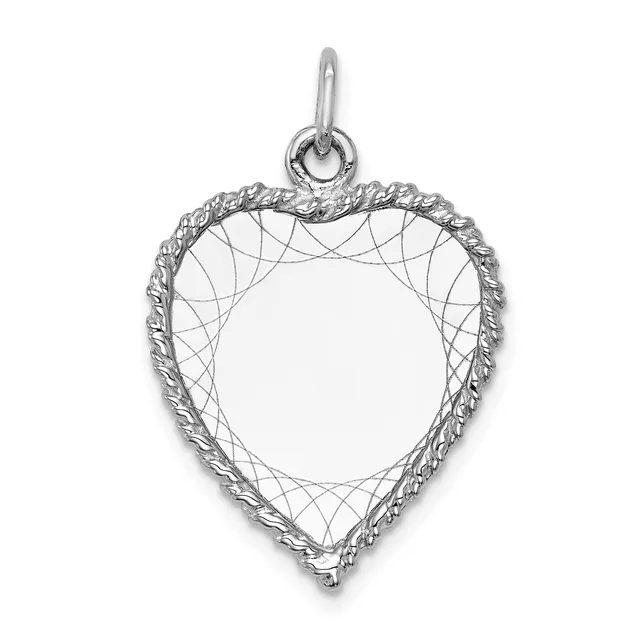 Sterling silver heart-shaped pendant with twisted rope border and woven wire mesh fill, suspended from a loop bail.