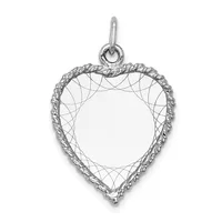 Sterling silver heart-shaped pendant with twisted rope border and woven wire mesh fill, suspended from a loop bail.