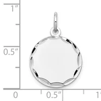 Sterling silver round pendant with faceted edge detail and bail loop, shown with measurement scale indicating approximately one inch in height.