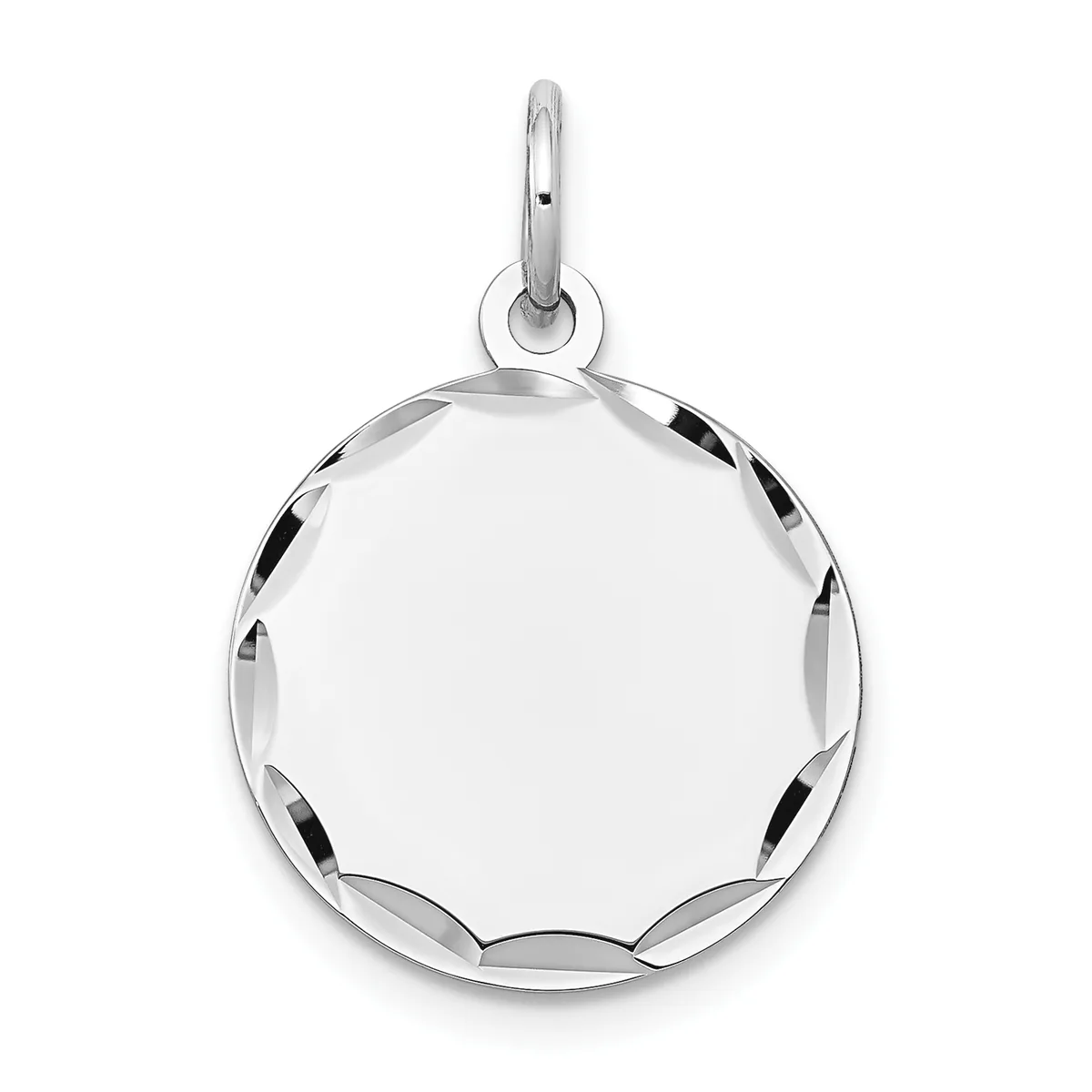 A polished silver circular pendant with a faceted edge and a loop bail at the top, shown against a white background.