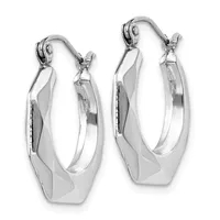 A pair of polished silver hoop earrings with a chunky, faceted rectangular shape and hinged closures, displayed against a white background.