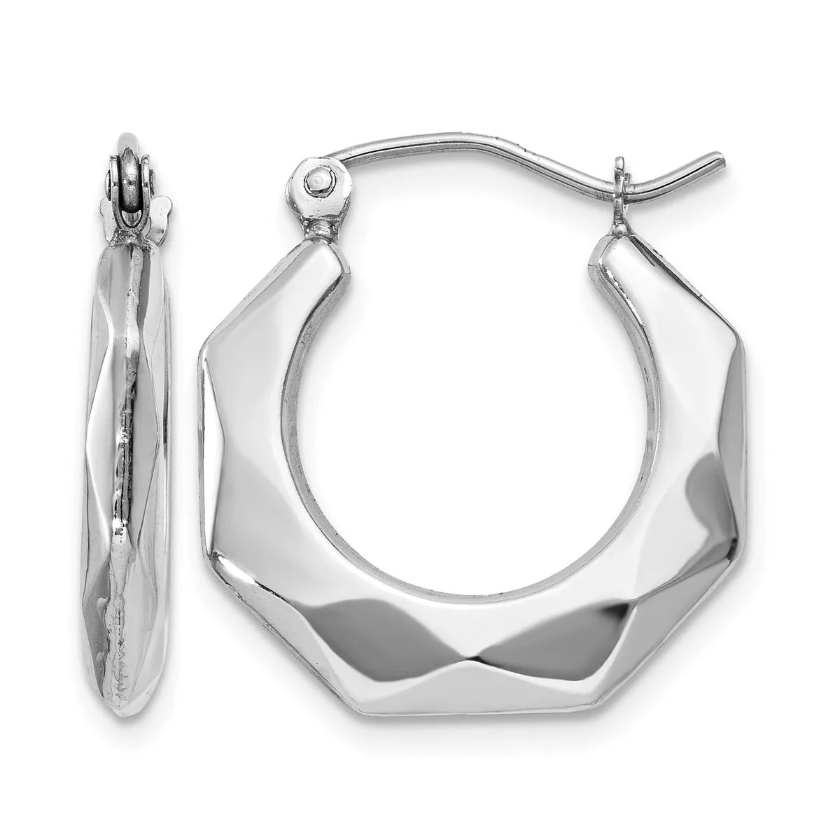 A pair of polished silver hoop earrings with a chunky hexagonal shape, shown from front and side views with a hinged post-and-clutch closure.