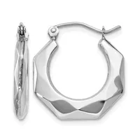 A pair of polished silver hoop earrings with a chunky hexagonal shape, shown from front and side views with a hinged post-and-clutch closure.
