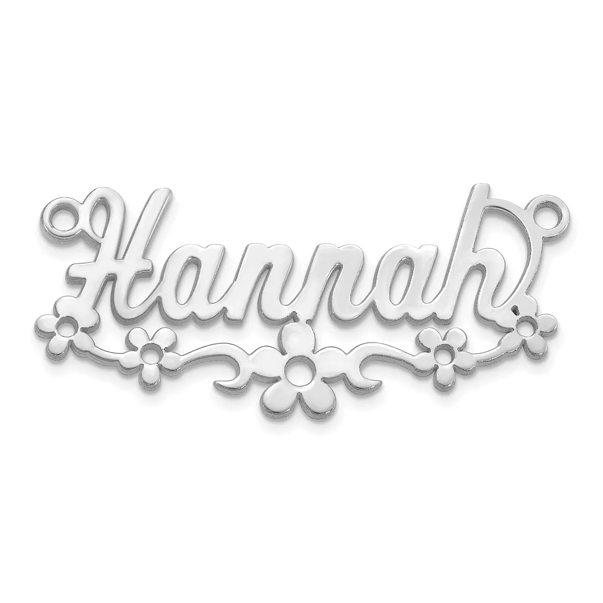 A silver-toned metal name pendant spelling "Hannah" with decorative flower motifs along the bottom and small loops at each end for attachment.