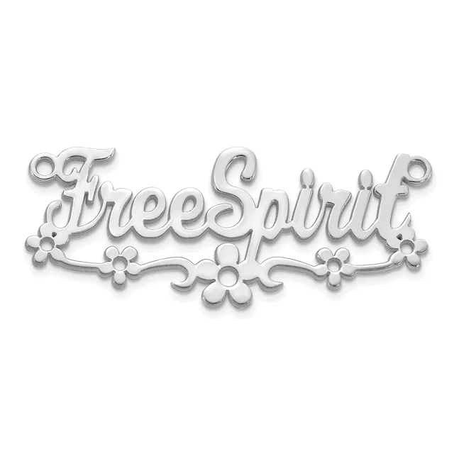 A silver decorative pendant with "BreeSpirit" lettering surrounded by ornamental flowers and scrollwork.