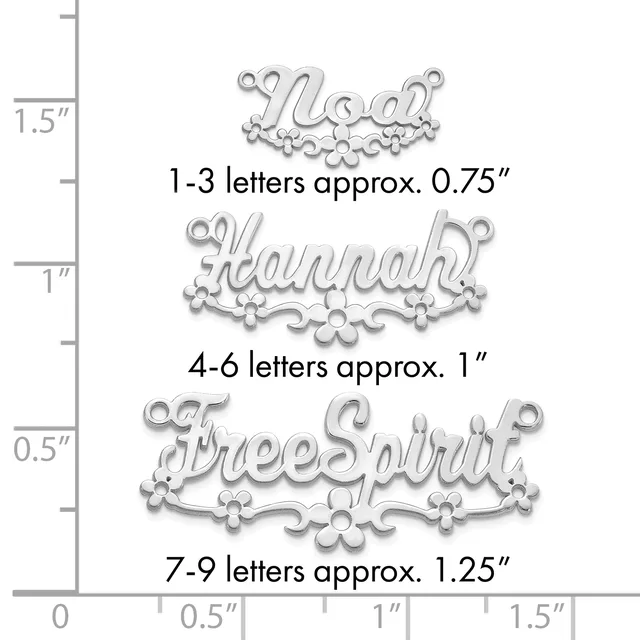 Three silver-tone metal name charms with decorative flourishes shown at different sizes: "Load" at 0.75 inches, "Hannah" at 1 inch, and "FreeSpirit" at 1.25 inches, displayed against a measurement ruler.