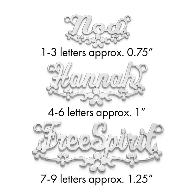 Three silver decorative name plates showing size comparisons: small plate with 1-3 letters at 0.75 inches, medium plate with 4-6 letters at 1 inch, and large plate with 7-9 letters at 1.25 inches.