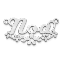A silver-toned metal connector pendant with the word "Mom" in cursive script, decorated with small flower motifs along the bottom edge and small loops at each end.