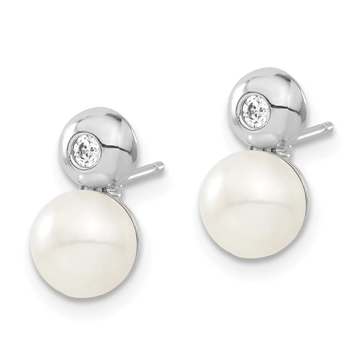 A pair of silver drop earrings with round white pearls suspended below small circular bezels set with clear round stones.