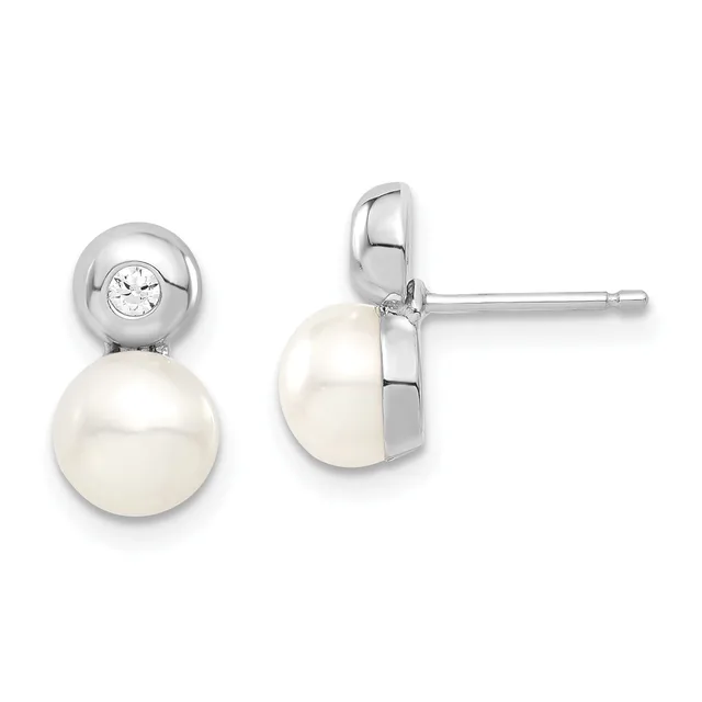 A pair of silver stud earrings featuring a small round diamond or crystal above a larger round white pearl, shown from front and side views.